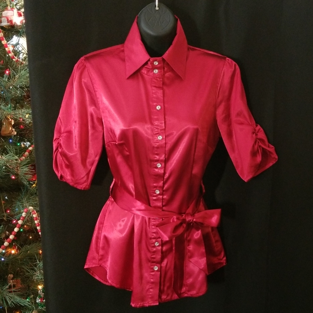 Red Satin Button Down Blouse